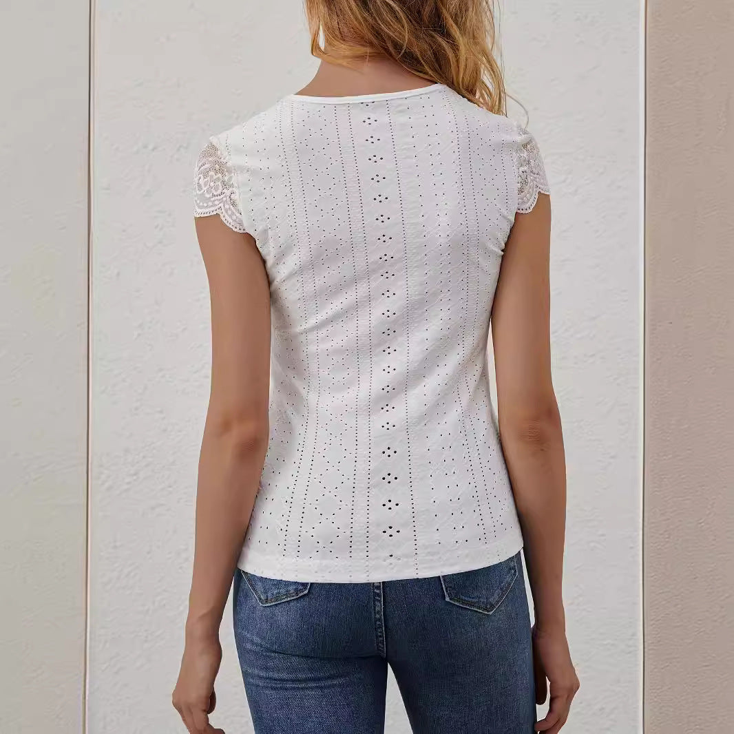 Fan Shaped V neck Front Chest Button Lace Stitching Slim Fit Slimming T shirt Short Sleeved Top Women Clothing