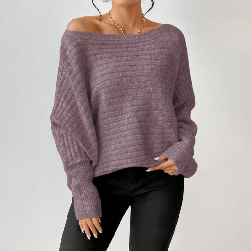 Autumn Winter Women Knit Shirt Batwing Sleeve off Neck Solid Color Sweater Women Loose All Matching Sweater