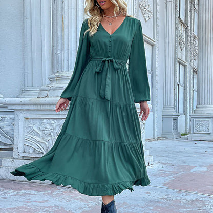 Women Wear Autumn Winter Long Sleeve Pleated Green Dress