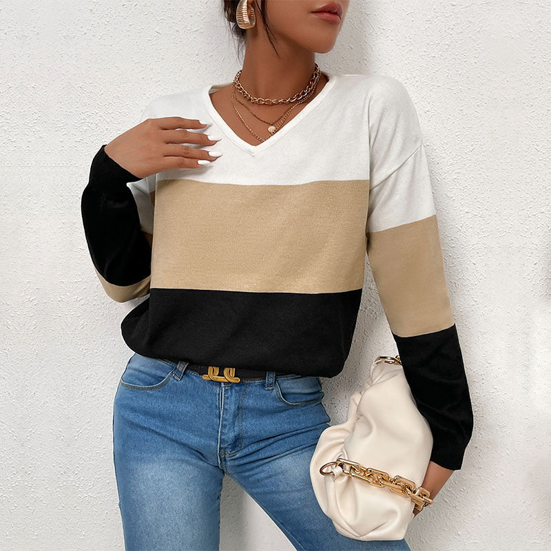 Autumn Winter Loose Casual V-neck Top Color Matching Long Sleeve Sweater for Women