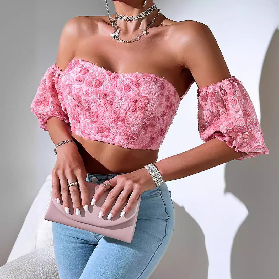 Summer Sexy Socialite Women Clothes Special Decoration off the Shoulder Short Sleeve Embroidered Vest Tube Top