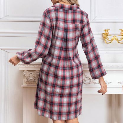 Autumn Winter Women Casual Shirt Plaid Single Breasted Long Sleeve Dress