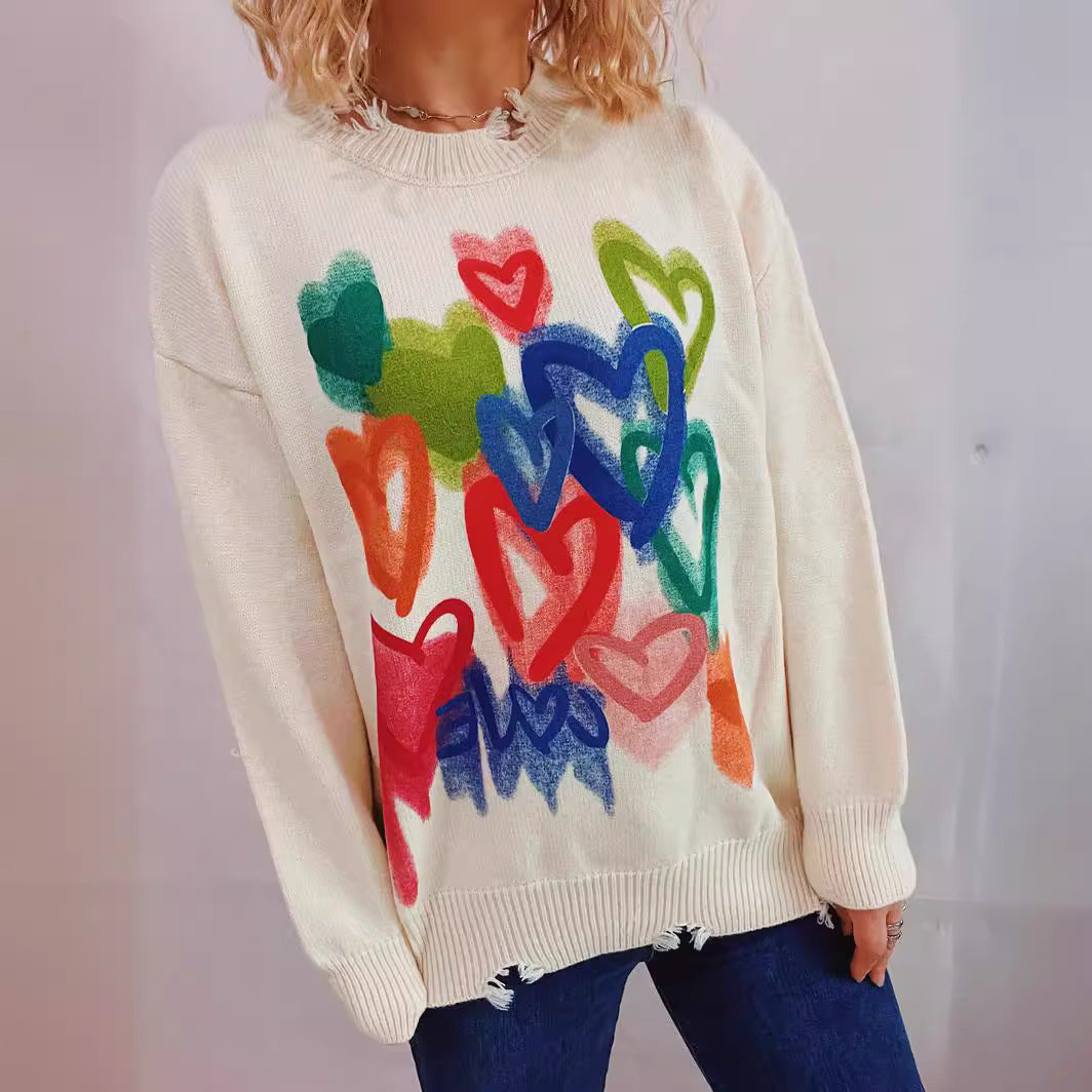 Japanese Korean Retro Lazy Soft Glutinous Printed Ripped Colored Loving Heart Graffiti Sweater Sweater Pullover