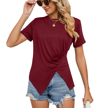 Summer Solid Color Loose Round Neck Pleated Women T Shirt Tops