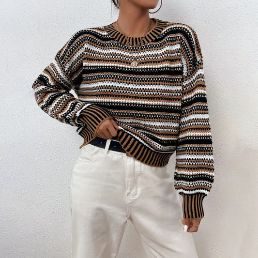 Autumn Winter Classic Contrast Color Striped Sweater Women Clothing Pullover Half Turtleneck Loose Sweater