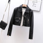 High Waist Motorcycle Short Coat Washed Faux Leather Small Leather Coat Women's Autumn Black Leather Jacket Top Tide