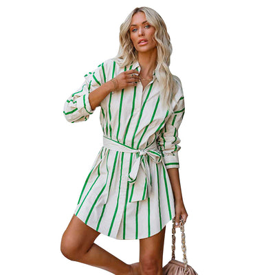 Spring Summer Fashion Striped Printed Long Sleeves Lace up Casual Shirt Dress Women