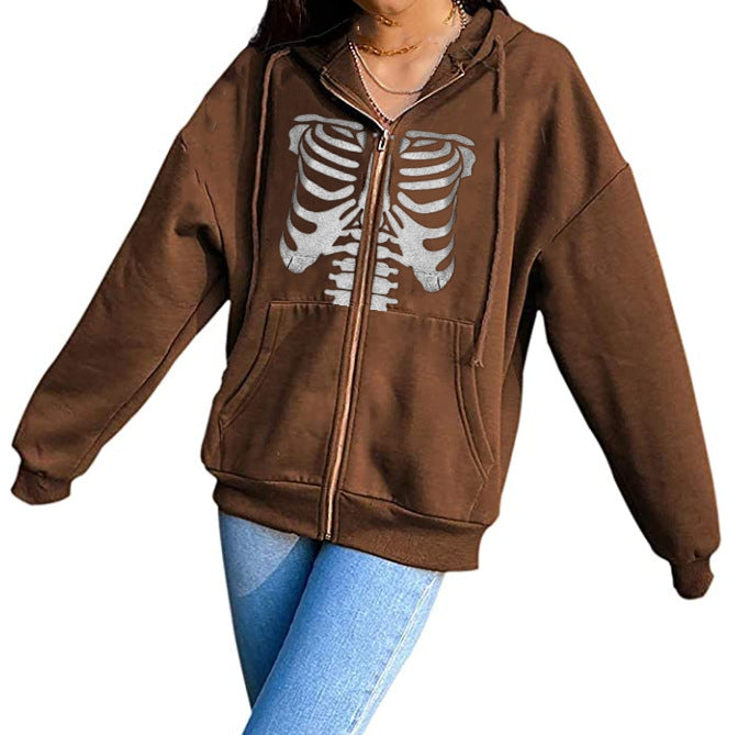 Spring Autumn Casual Hoodie Halloween Skull Print Pullover Double Hooded Top Women