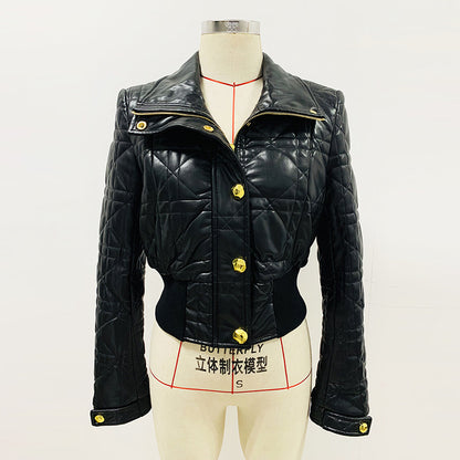 Goods Star Locomotive Slim Fit Waistline Plaid Short Leather Jacket Coat