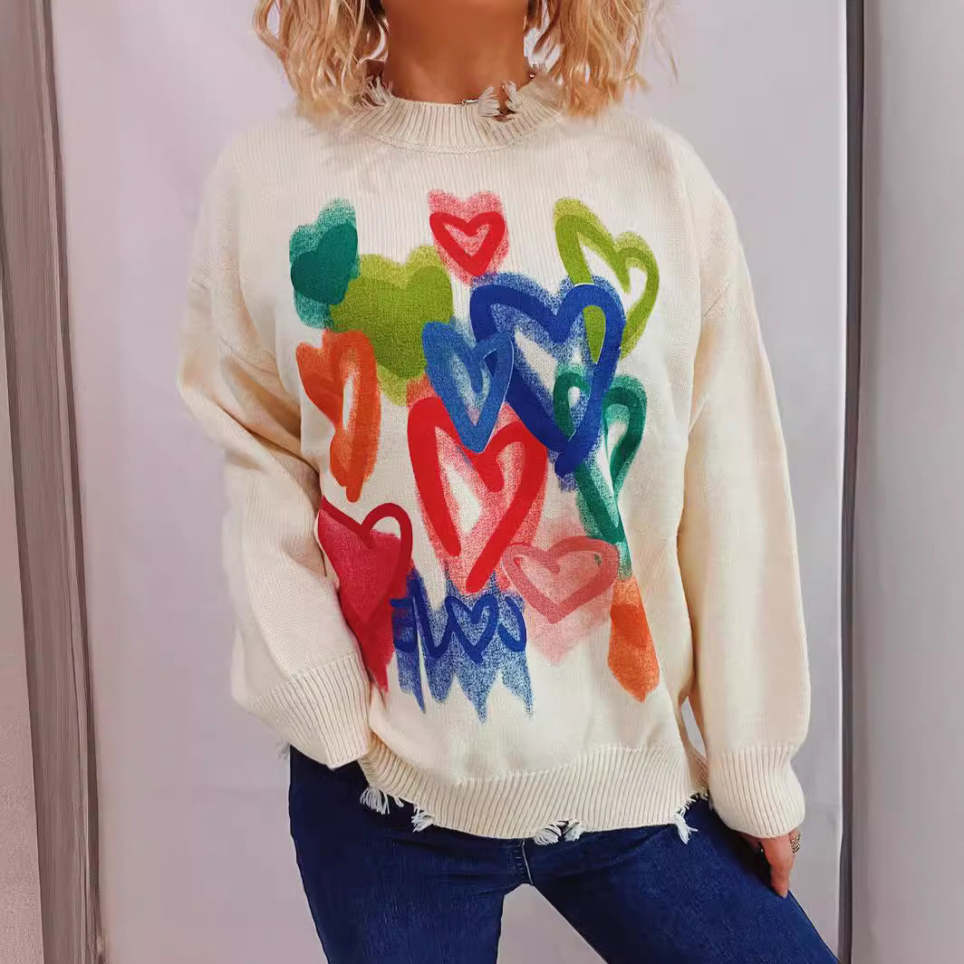 Japanese Korean Retro Lazy Soft Glutinous Printed Ripped Colored Loving Heart Graffiti Sweater Sweater Pullover