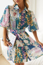 Printed Bohemian Dress Lantern Short Sleeve Belt Single Breasted A Line Dress