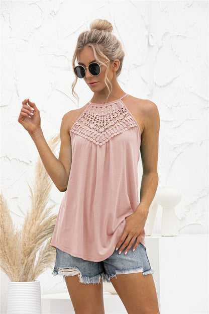 Spring Summer Lace Stitching Halter Top