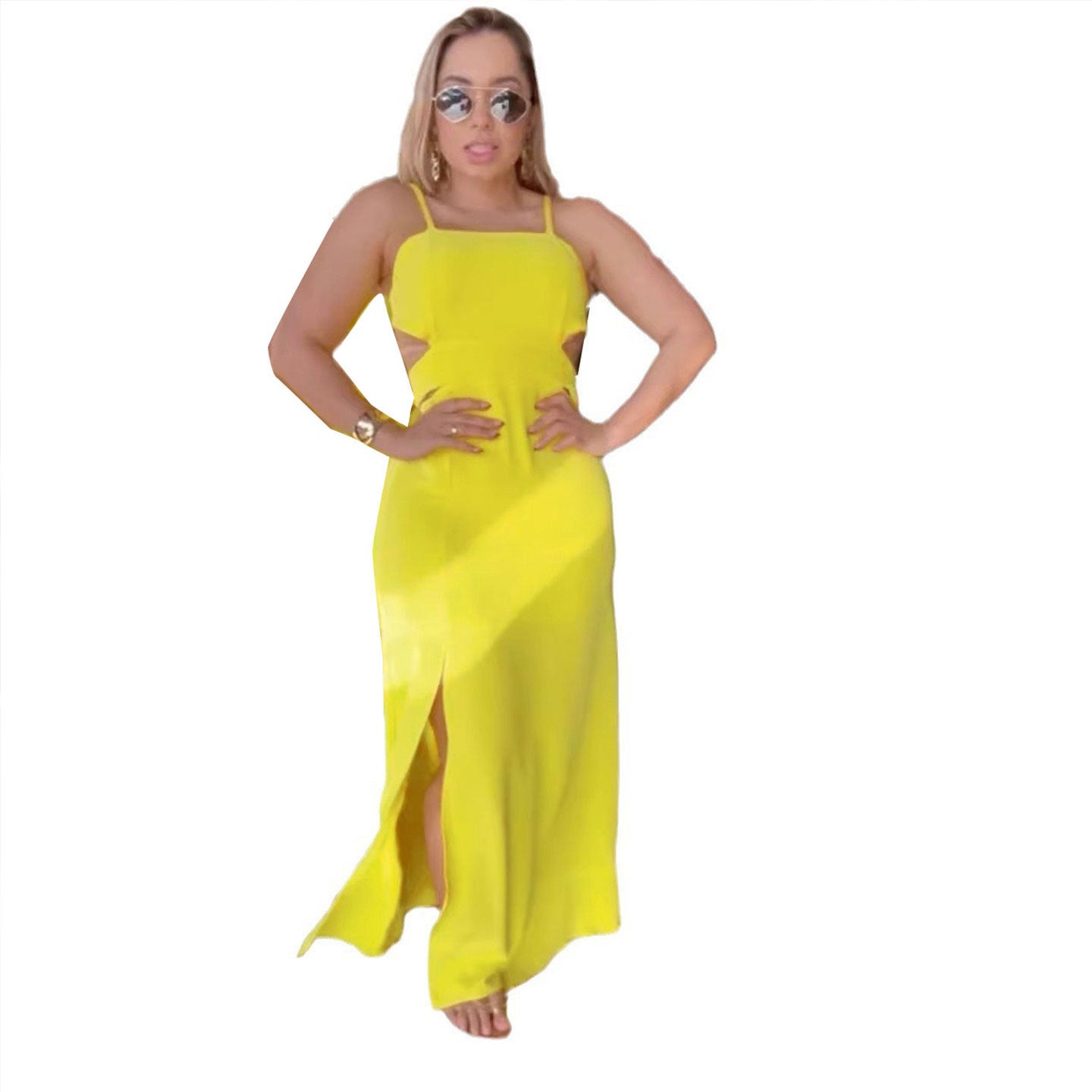 Women Solid Color Sleeveless Split Hip Strap Backless Dress