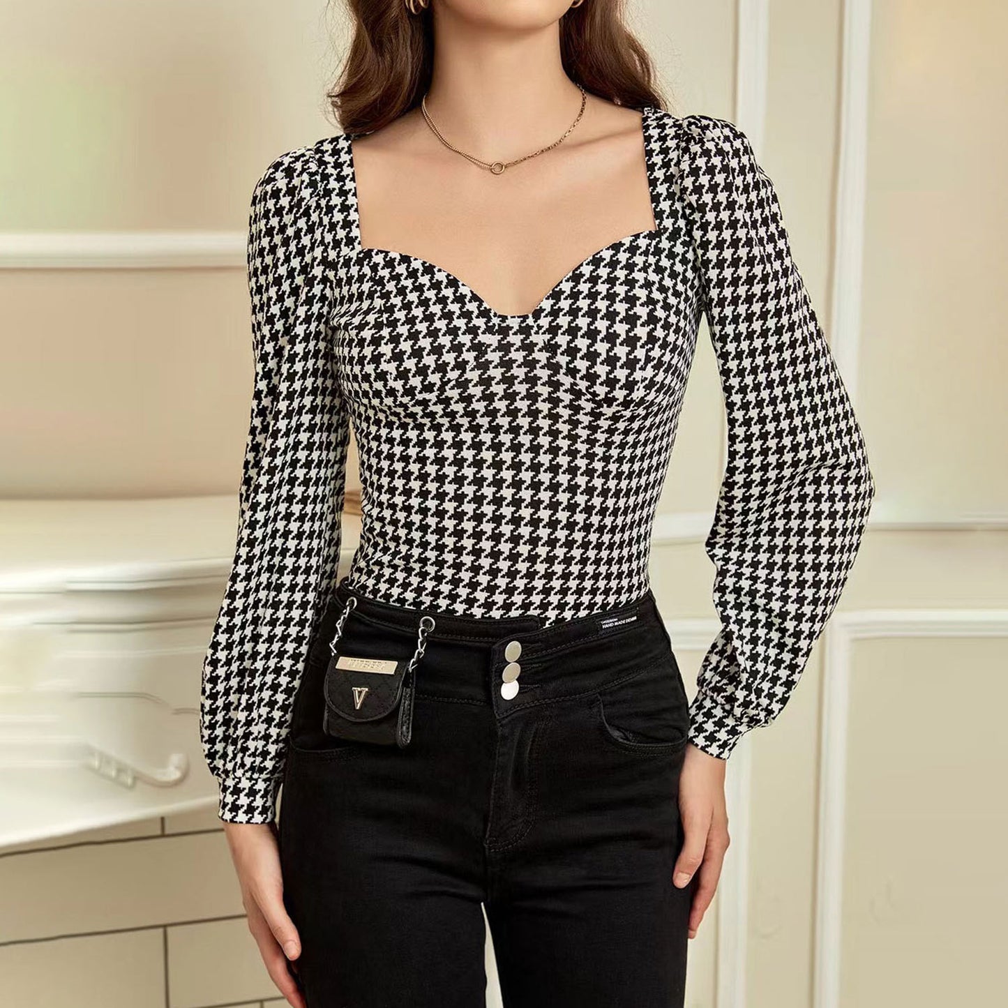 Autumn Winter Slim Fit Slimming Houndstooth Top Women