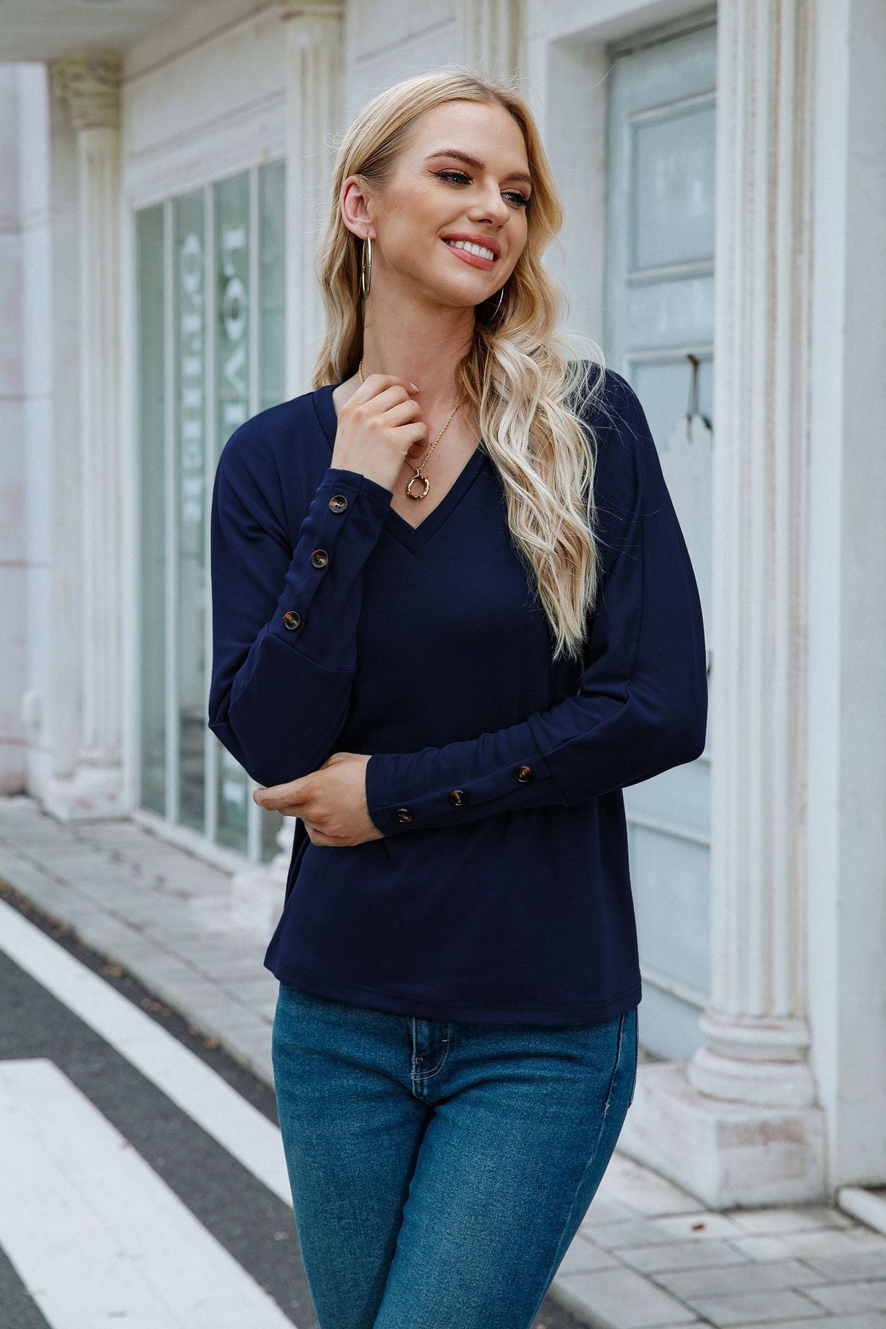 Women Clothing V neck Long Sleeved T shirt Solid Color Buttons Top