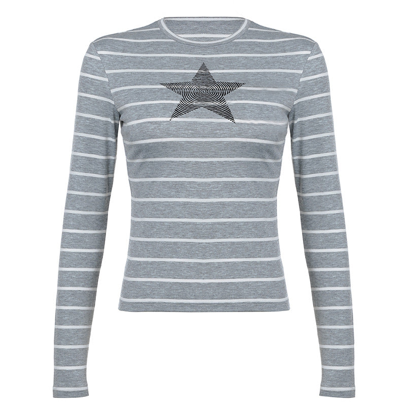 Vintage Stripe Five Pointed Star Printed Crew Neck Casual T Shirt Early Autumn Minority All Match Design Basic Long Sleeve