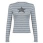 Vintage Stripe Five Pointed Star Printed Crew Neck Casual T Shirt Early Autumn Minority All Match Design Basic Long Sleeve