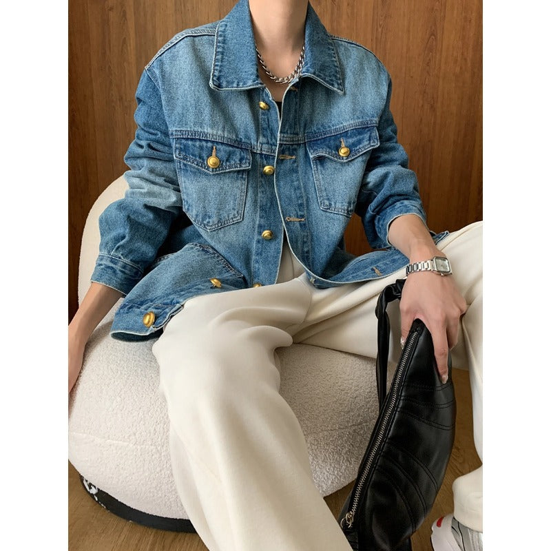 Fashionable Small Golden Button Washed Cotton Distressed Loose Denim Jacket Early Autumn