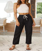 Summer Women Solid Color Casual Lace up Cotton Linen Pants