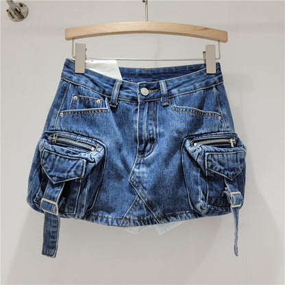 Retro Three Dimensional Workwear With Pocket Denim Skirt Women Spring Summer Slim Sexy Sexy A Line Hip Wrapped Skirt