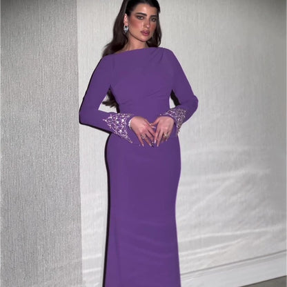 Autumn Solid Color Long Sleeve Dress Handmade Rhinestone Maxi Dress