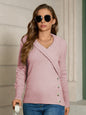 Women Spring Autumn Solid Color Pullover Cross V Neck Knitted Sweater Thread Button Top Women