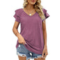 Women Summer Solid Color V-neck Double Layer Ruffle Sleeve Loose Top T-shirt