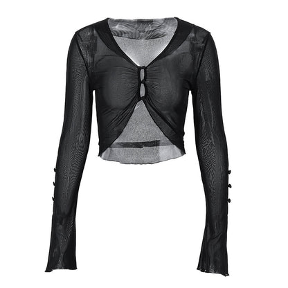 Fall Women Clothing Sexy cropped Hollow Out Cutout out Stitching Mesh See through Long Sleeve Top