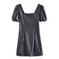Women Autumn Square Collar Black Puff Sleeve Young Drawstring Strap Backless Faux Leather Dress