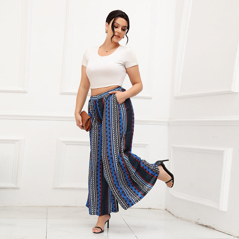 Wide Leg Pants Bohemian Striped Blue Elastic Waist Pants Seaside Vacation Beach Pants