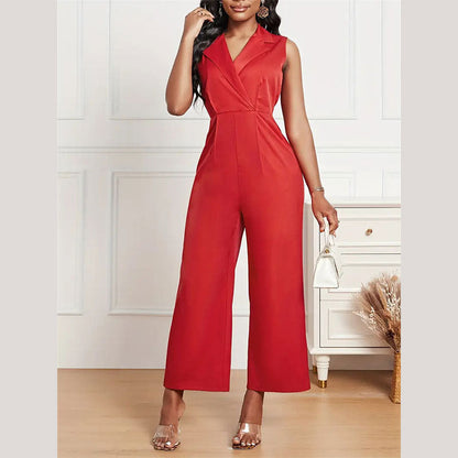 Women Clothing Elegant Graceful Pleated Suit Collar Straight Jumpsuit Office Women