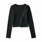 Women Clothing round Neck Irregular Asymmetric Oblique Zipper Bottoming Shirt Stretch Long Sleeve T shirt