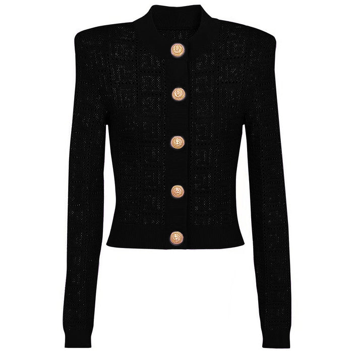 Spring Autumn Long Sleeve Short round Neck Hollow Out Cutout Sweater Top Cardigan Coat Women