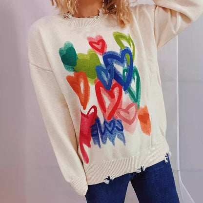 Japanese Korean Retro Lazy Soft Glutinous Printed Ripped Colored Loving Heart Graffiti Sweater Sweater Pullover