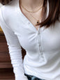 Simple Buttons V neck Inner Wear Long Sleeve T shirt Soft Glutinous Slim Fit Slimming Knitted Bottoming Shirt for Women