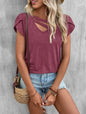 Women Clothing Summer Solid Color Stitching Petal Sleeve Loose T Top Women