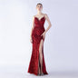 Colorful Sequin Side Slit Long Strap Evening Dress