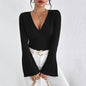 Women V neck Flared Sleeves Wine Red T shirt Fall/Winter Slim Bottoming Shirt Top