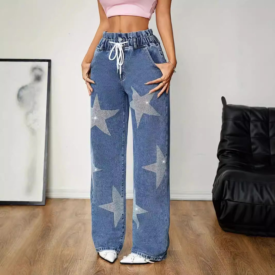 Five Pointed Star Embroidered Jeans Retro High Street Brand Loose Straight Wide Leg Pants Summer Thin