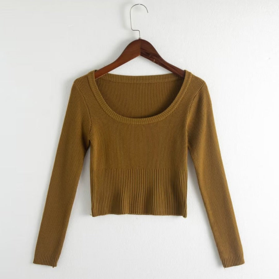 Autumn round Neck Slim Fit Short Long Sleeve Solid Color Women Knitwear Tops