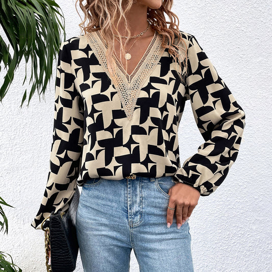 V neck Printed Shirt Long Sleeve Drawstring Sleeve Shirt