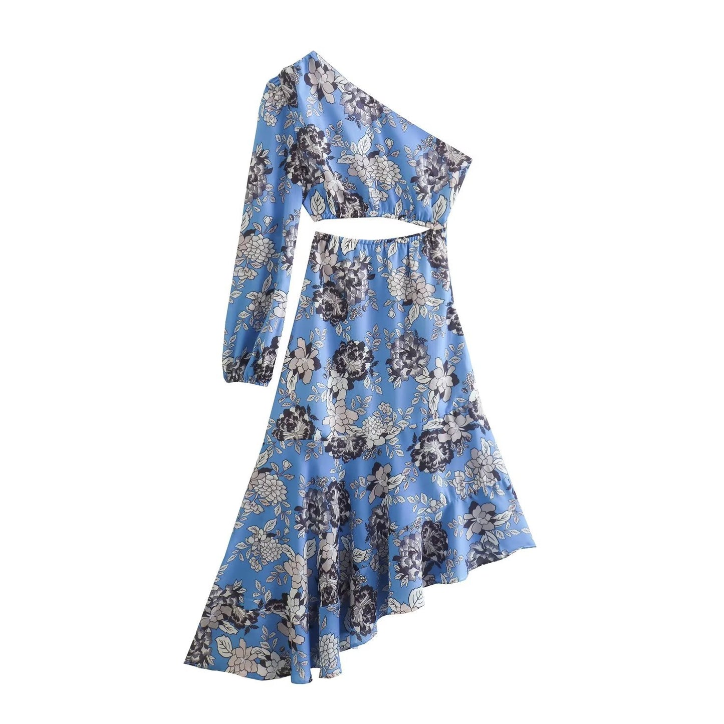 Spring Women Clothing Printed Waist Hollow Out Cutout Shoulder Asymmetric Dress Lining