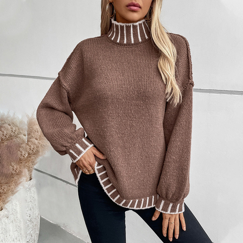 Autumn Winter Striped Pullover Turtleneck Sweater Women Loose Knitwear Top Women