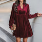 Long Sleeve Patchwork Autumn Winter Women Clothing Velvet Dress