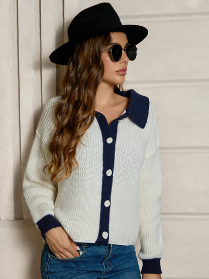 Polo Collar Long Sleeved Knitted Cardigan Women Solid Color Single Breasted All Match Top Women