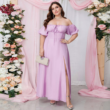 Plus Size Tube Top Off Shoulder Dress Lace Up Puff Sleeve High Slit Maxi Dress Women Clothing