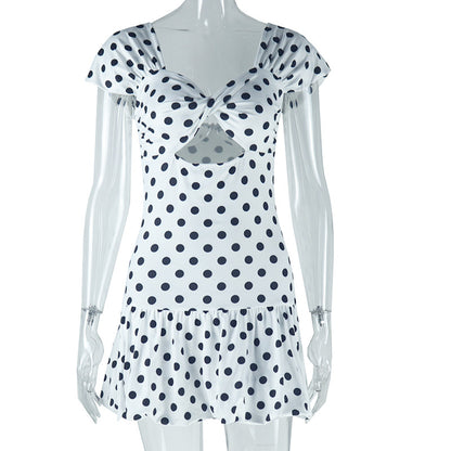 Women Clothing Polka Dot Printed Sexy Hollow Out Cutout out Shoulder Baring Short Sleeve Casual Dress