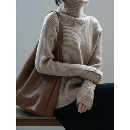 Soft Glutinous Turtleneck Sweater Women Winter Button Slim Knit Bottoming Shirt