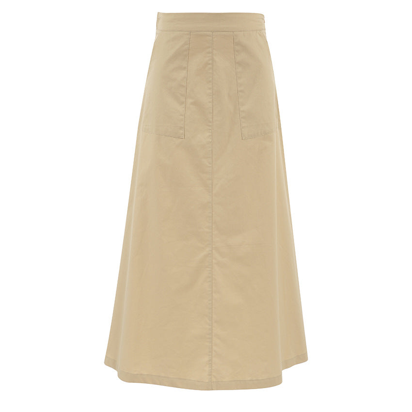 Khaki Cotton A Hem High Waist Office Skirt Autumn Women Clothing Long Skirt