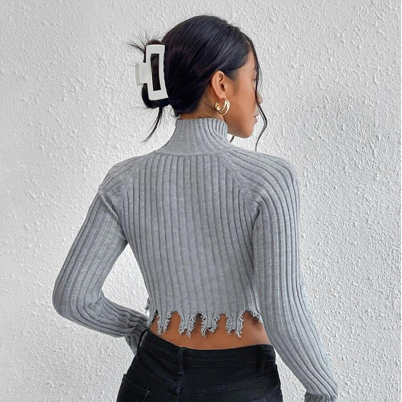 Knitted Sweaters Women Clothing Turtleneck Long Sleeve Distressed Sexy Cutout Short Cropped Exposed Design Sweater